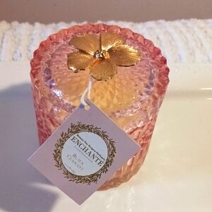 Maison 🌼 ENCHANTE Pink and Gold Flower Accent Etched  Glass Candle Holder 🌼⚜️